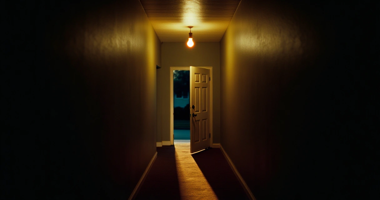 Hämärä esikaupungin käytävä yöllä, slasher-elokuvan tunnelma