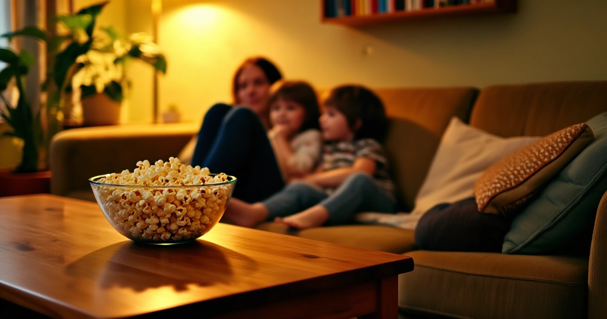 Perhe rentoutuu yhdessä sohvalla elokuvailtaa varten popcorneineen