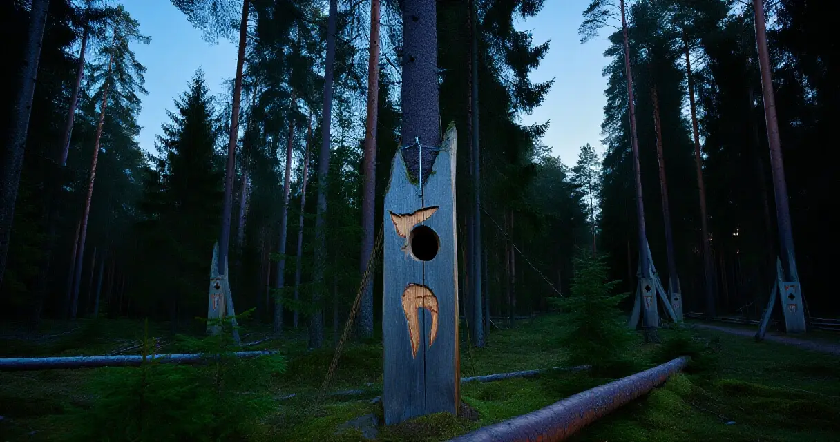 Pohjoinen havumets&auml; h&auml;m&auml;r&auml;ss&auml;, puisia kansanperinteen symboleja puissa