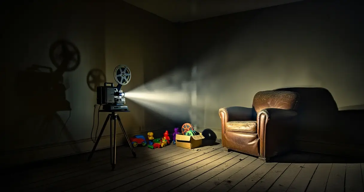 Vanha super-8-filmiprojektori h&auml;m&auml;r&auml;ss&auml; olohuoneessa, kauhuelokuvien tunnelmaa