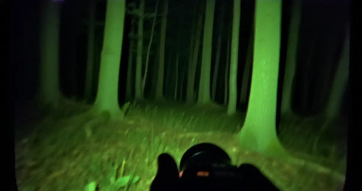 Found footage -kauhuelokuvan tunnusomainen mets&auml;kohtaus y&ouml;n&auml;k&ouml;vihre&auml;ss&auml; s&auml;vyss&auml;