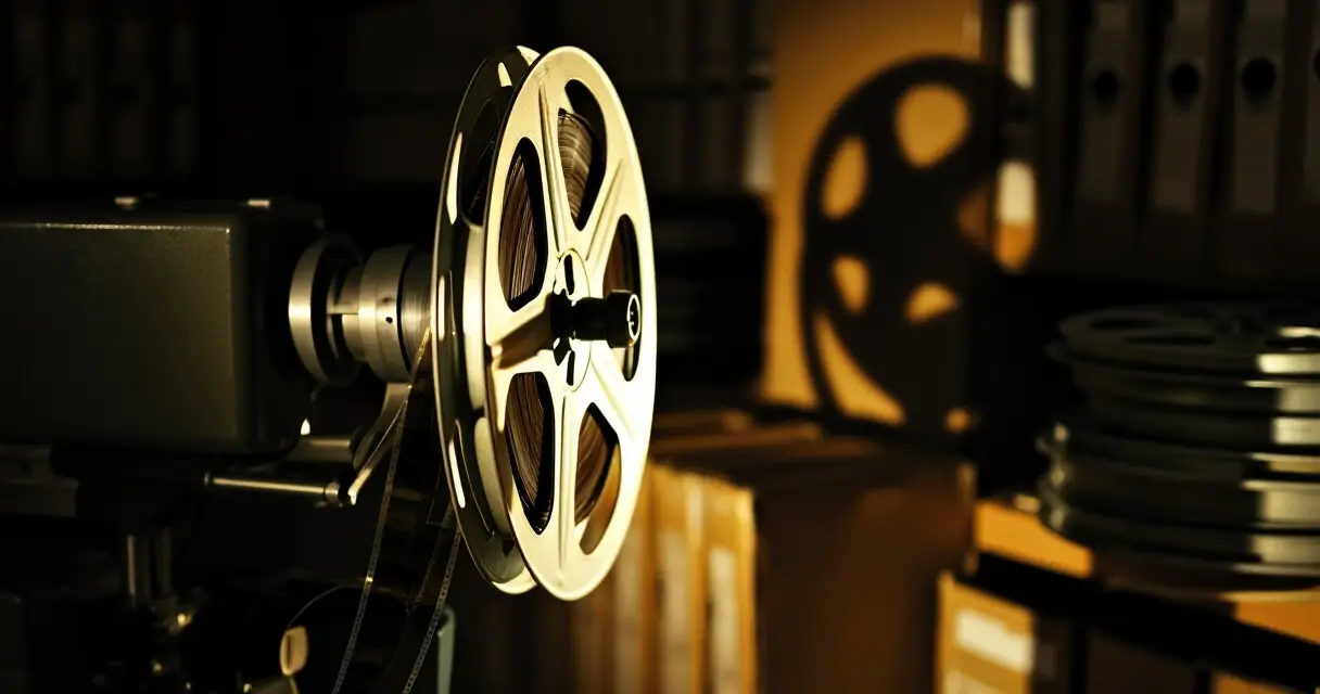 Vanha filmikela ja projektori pime&auml;ss&auml; arkistossa varjoja heitt&auml;en