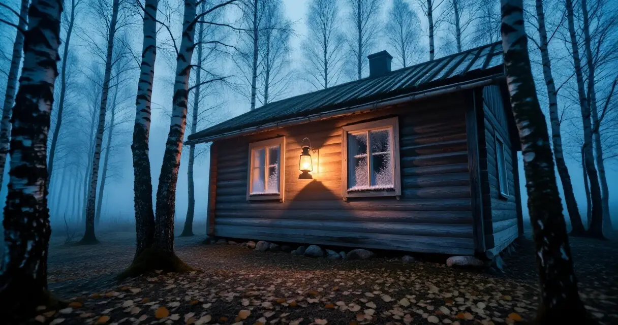 Suomalainen metsähuvila yöllä sumun keskellä