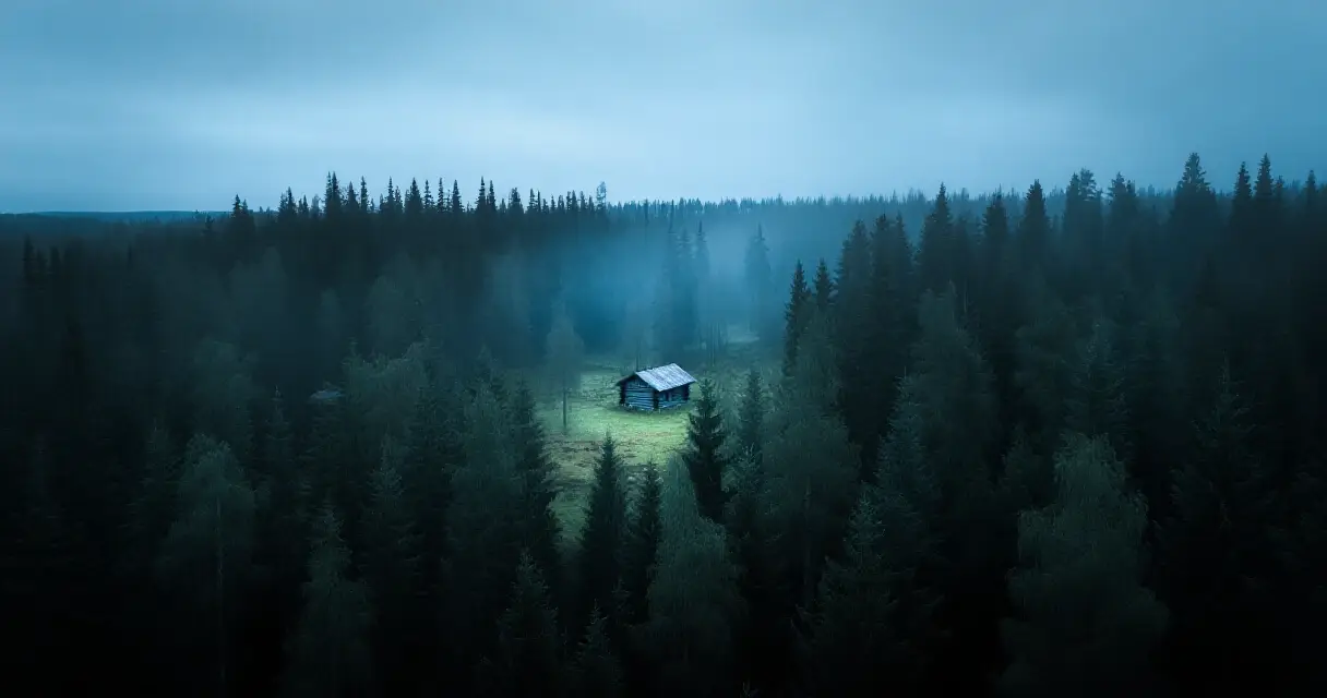 Sumuinen pohjoinen havumets&auml; ja yksin&auml;inen m&ouml;kki h&auml;m&auml;r&auml;ss&auml;, folk horror -tunnelma