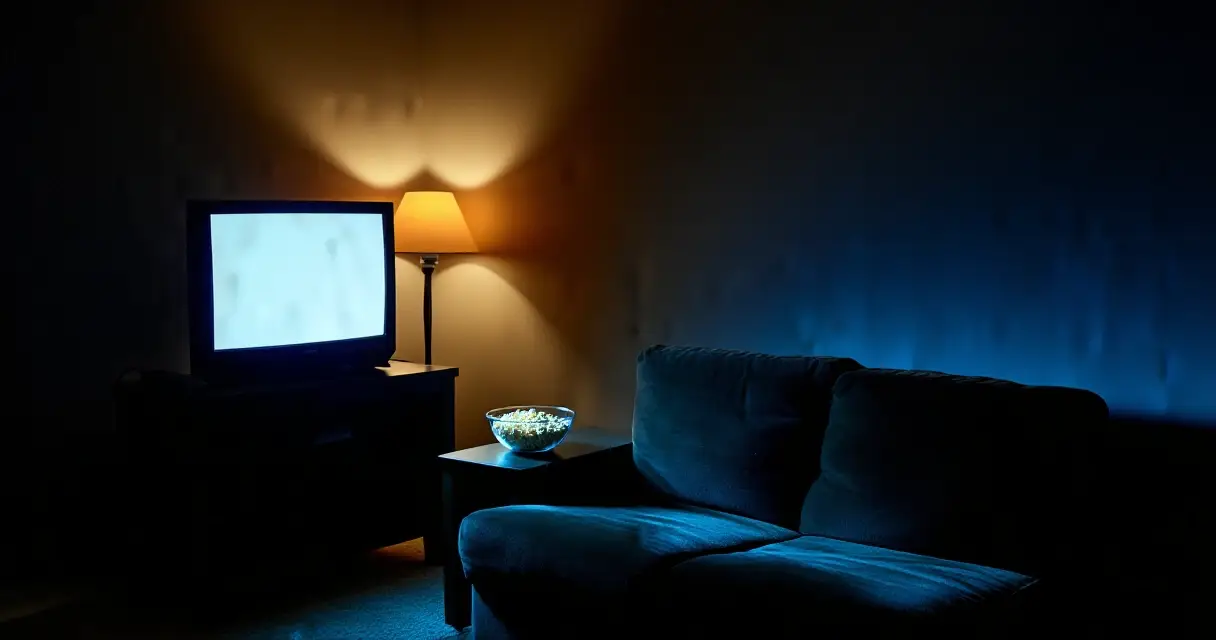 Pimeä olohuone yöllä, televisio loistaa sinistä valoa sohvalle