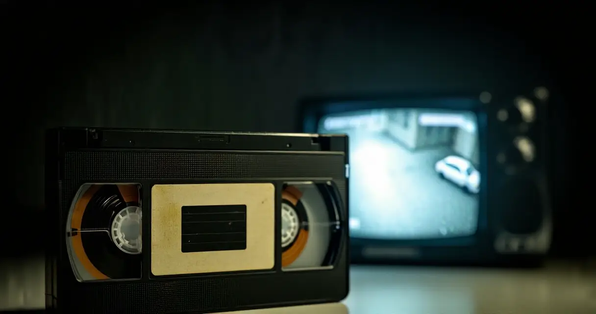 Vanha VHS-kasetti ja valvontakameramonitori pime&auml;ss&auml; huoneessa, found footage -estetiikka