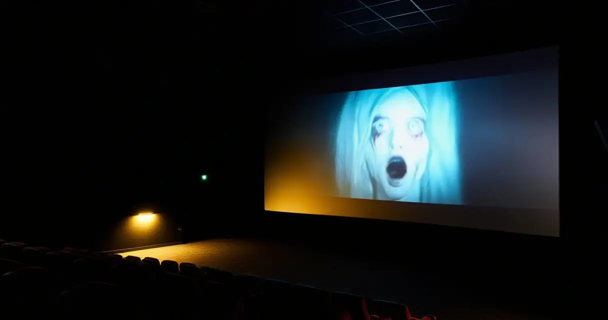 H&auml;m&auml;r&auml; elokuvasali, jossa kauhuelokuvan ruutu hehkuu valkokankaalla