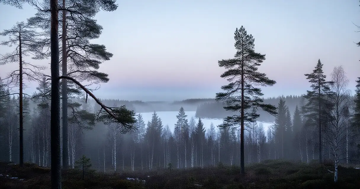 Suomalainen metsämaisema hämärässä, kauhuelokuvien kulttuurihistorian taustakuva