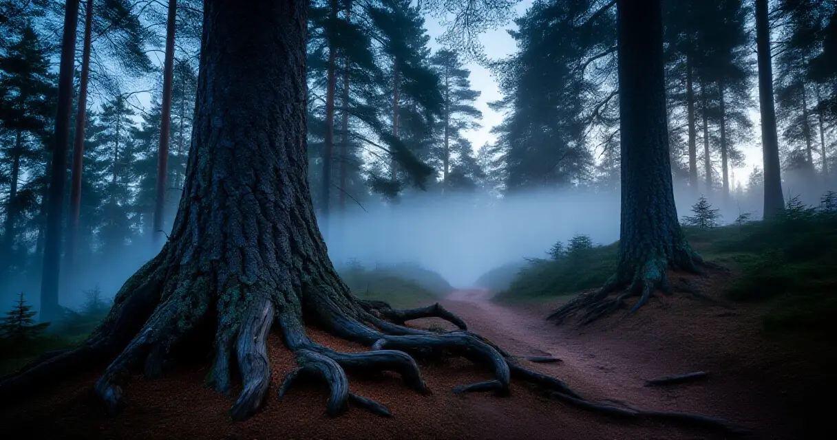 Synkk&auml; suomalainen mets&auml; h&auml;m&auml;r&auml;ss&auml;, sumua puiden v&auml;liss&auml;, kauhuatmosfeeri