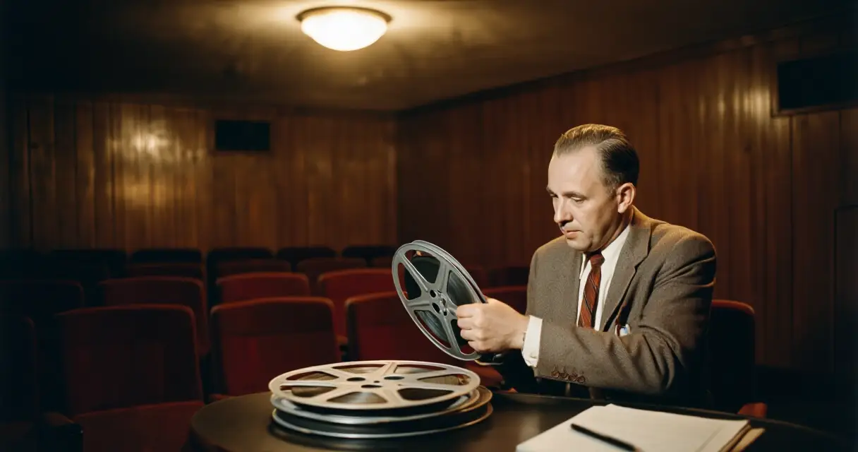 Elokuvakriitikko tarkastelee kauhuelokuvan filmikeloja elokuvateatterissa