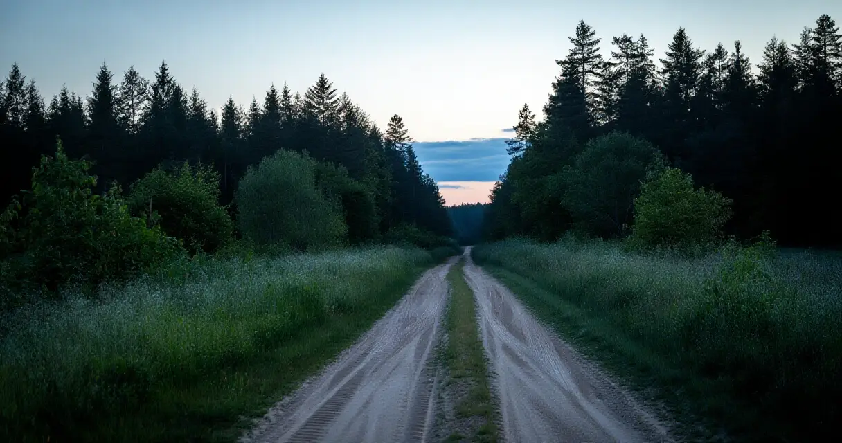 Synkk&auml; maaseutumaisema mets&auml;tien varrella iltah&auml;m&auml;r&auml;ss&auml;, folk horror ja backwoods horror