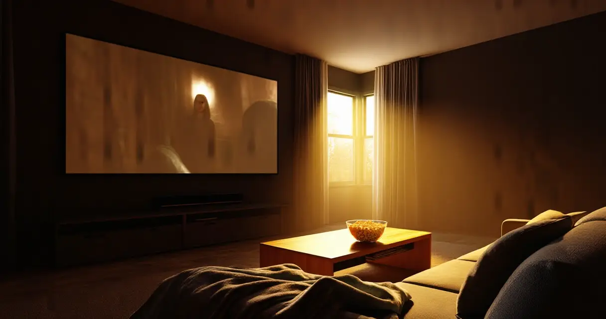 Kodikas kotiteatteritila televisiolla ja popcornilla kauhuelokuvan katseluun