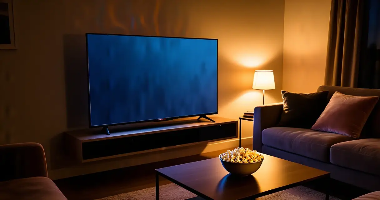 Pimeä olohuone television sinisessä hohdossa popcornin kera – tunnelma Netflix-illoille
