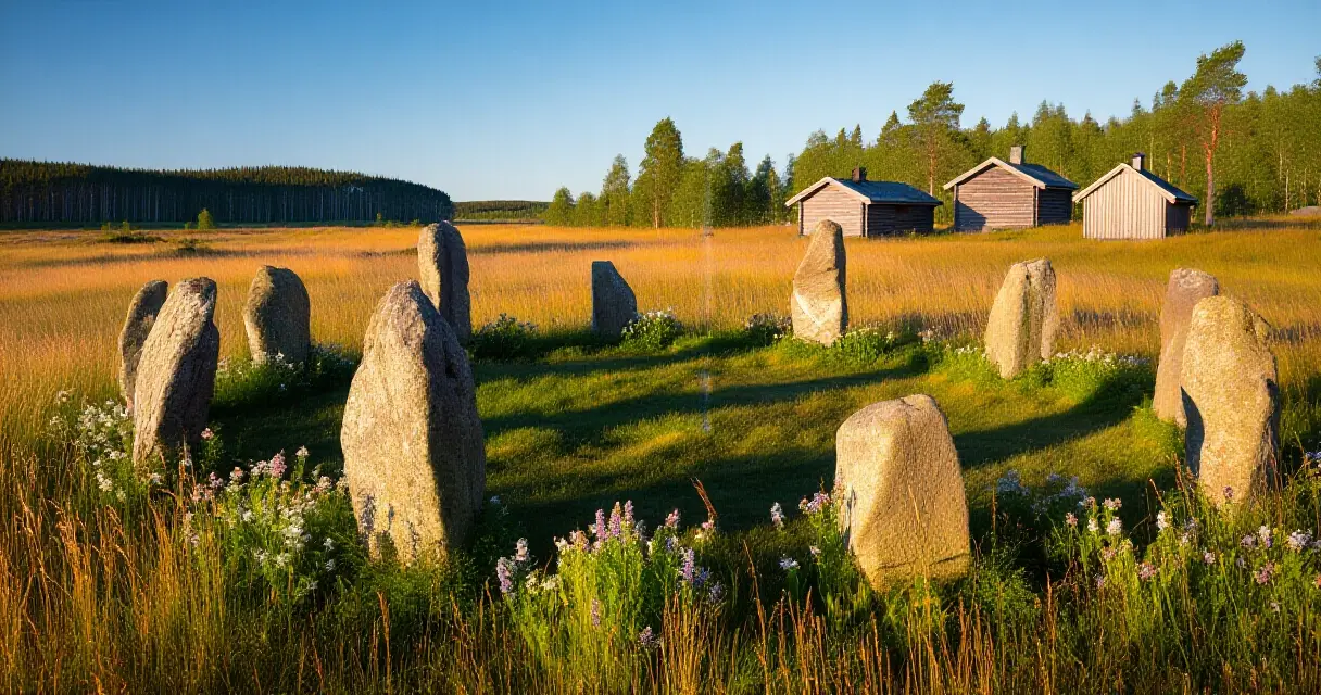 Pohjoismainen maisema kesäyön valossa, perinteisiä puurakenteita ja niittyä