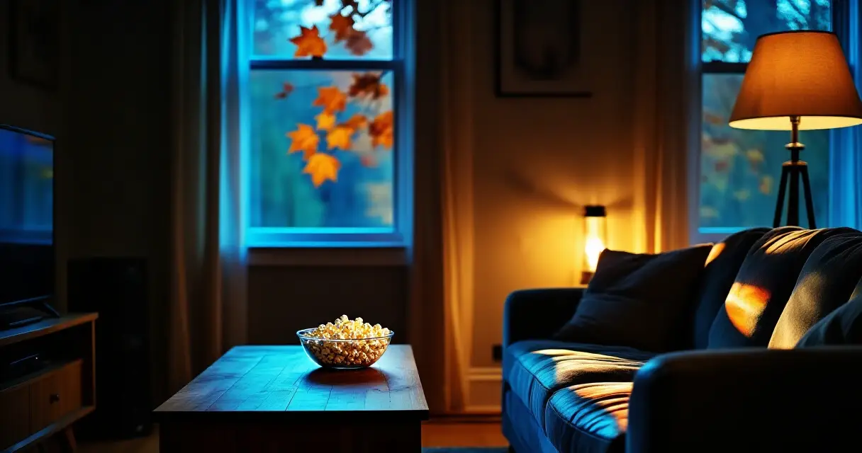 H&auml;m&auml;r&auml; olohuone illalla televisio hohtaen, valmiina kauhuelokuvan katseluun
