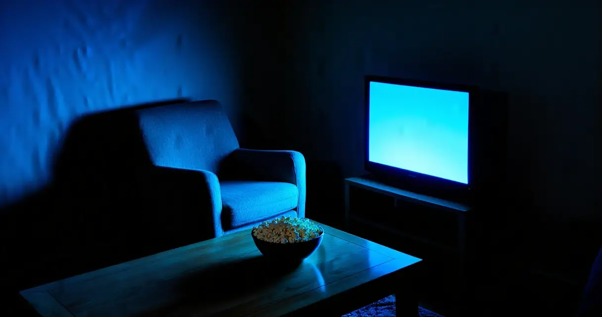 H&auml;m&auml;r&auml; olohuone y&ouml;ll&auml; television valossa, pelottavan elokuvan katselutunnelma